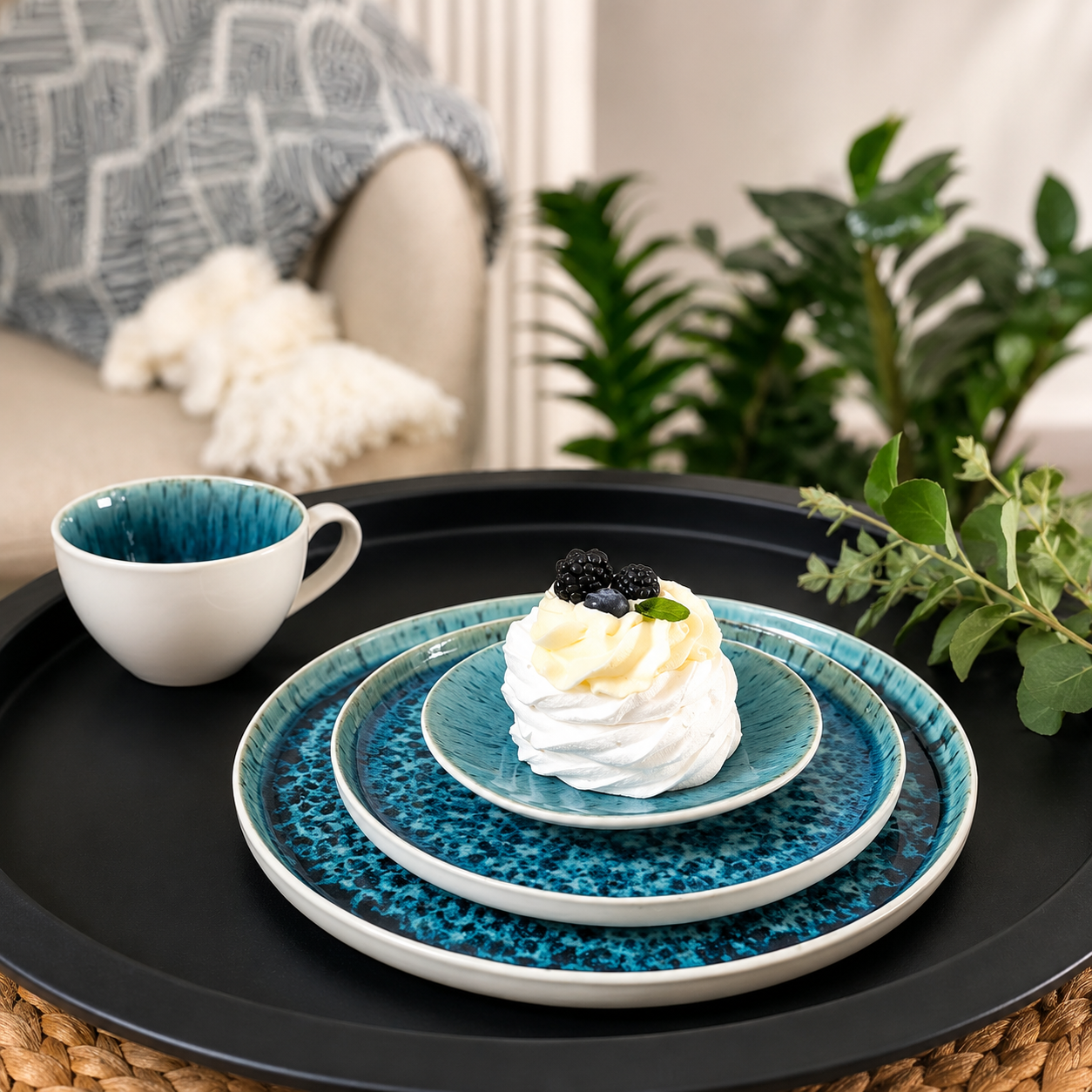 Handmade Blue Ceramic Dinner Plates Set of 6| 8.3” Reactive Glaze Stoneware