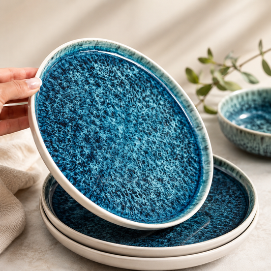 Handmade Blue Ceramic Dinner Plates Set of 6| 8.3” Reactive Glaze Stoneware