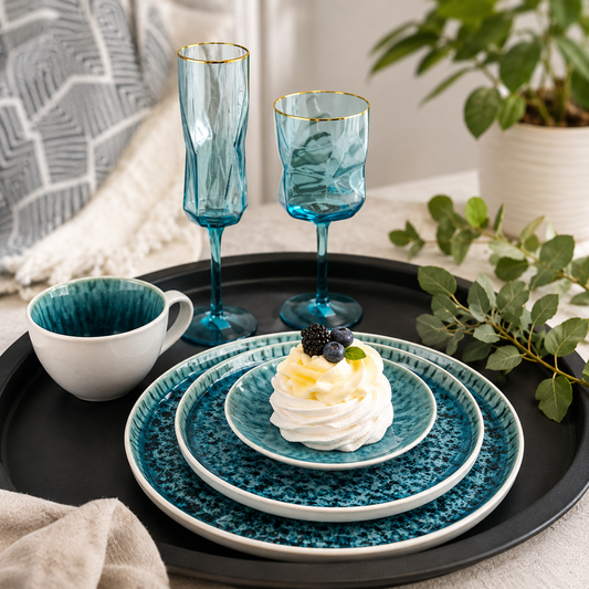 Handmade Blue Ceramic Dinner Plates Set of 6| 8.3” Reactive Glaze Stoneware